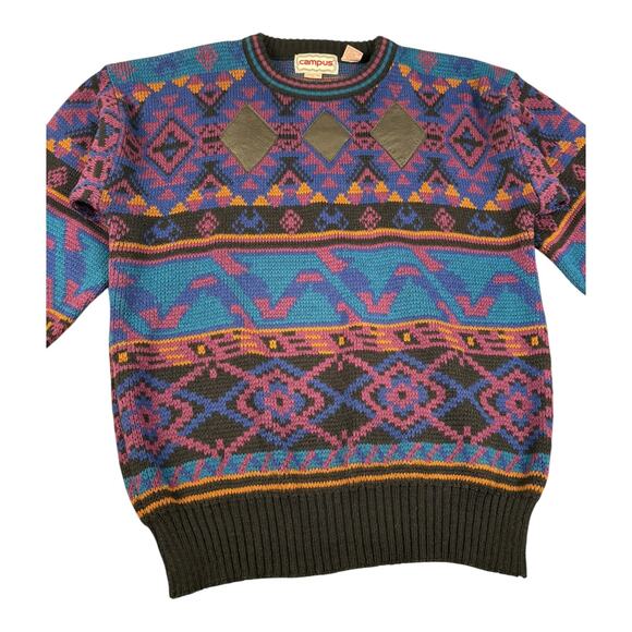 Vintage Campus Men's Diamond Geometric Leather Trim Sweater Size L Retro - Picture 12 of 13